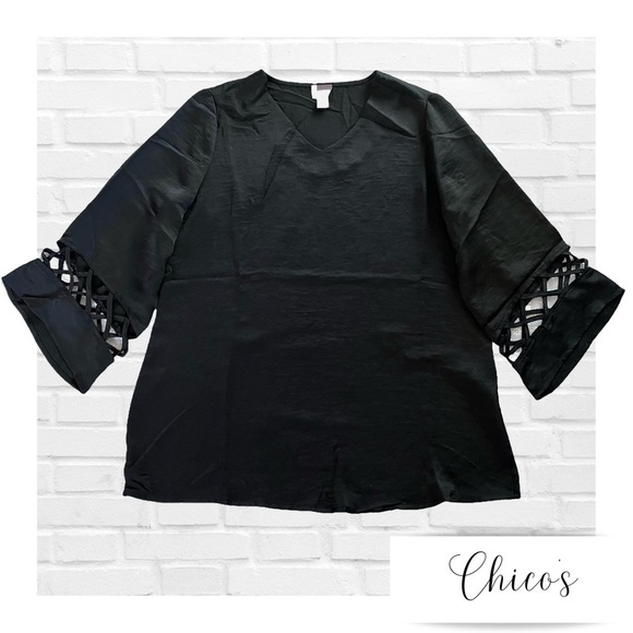 Vintage Black Chicos Cut Out Sleeves Dressy Silky Tunic V-Neck Size Small - Picture 1 of 4